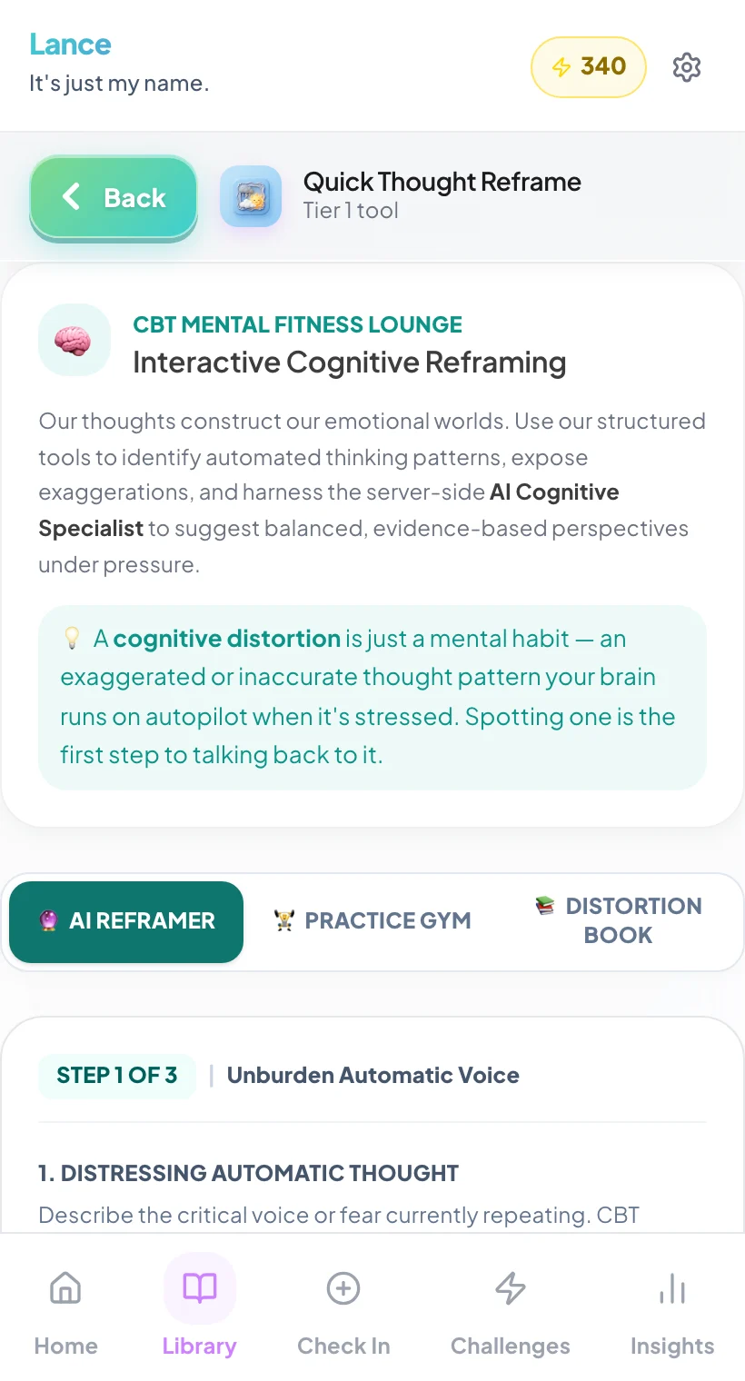 A CBT reframing tool on a phone, working through a thought step by step