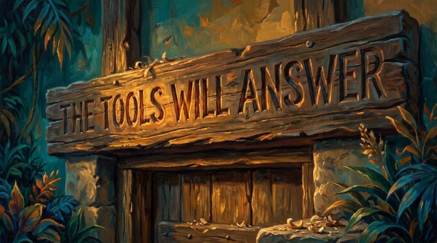 A carving in the workshop wall on the island