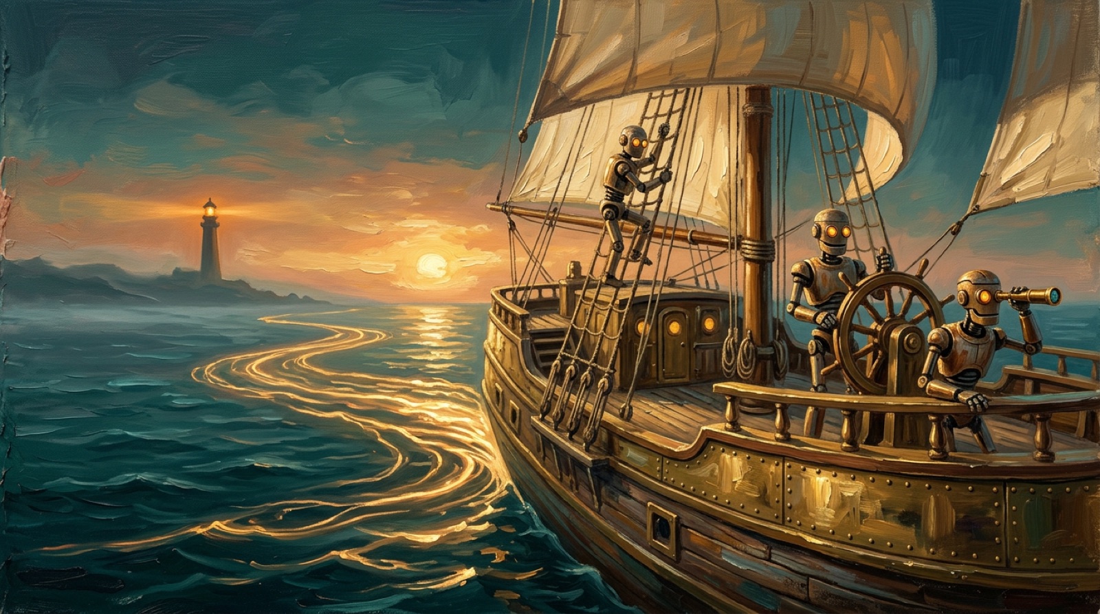 The brass and timber ship under sail at golden hour, a crew of brass robots with amber eyes at the wheel, in the rigging and at the rail with a spyglass, the ship's glowing wake trailing behind it and a lighthouse burning on the far horizon.